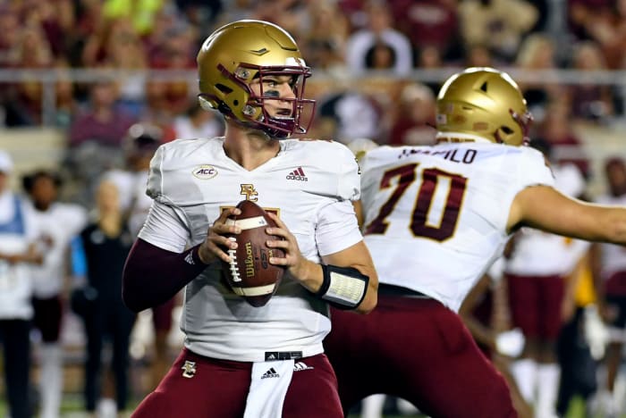 Tallahassee, Florida, USA; Boston College Eagles quarterback Phil Jurkovec (5) drops back to throw against the Florida State Seminoles during the second half at Doak S. Campbell Stadium